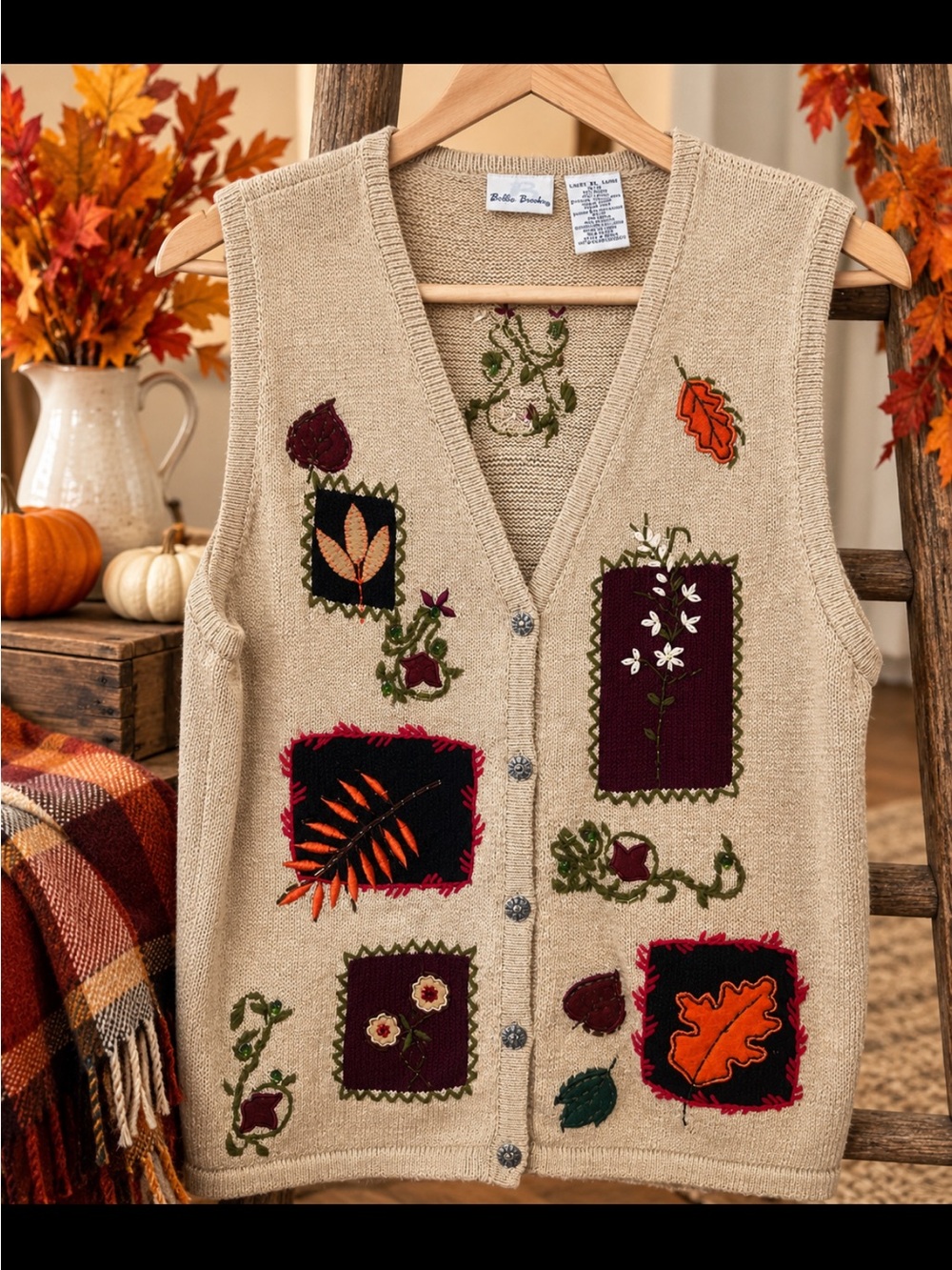 Bobbie Brooks XL Fall Embroidered Applique Sweater Vest Cottagecore - Picture 2 of 4